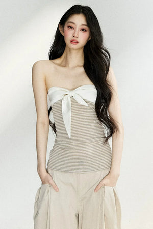 Two-Tone Striped Bow Cardigan Set-Up