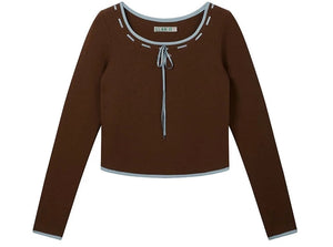 U-neck ribbon embroidery long sleeve base t-shirt
