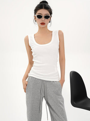 U-Neck Slim Wide Shoulder Top