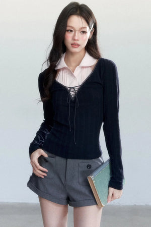 Unfinished Korean Decorative Collar Blouse