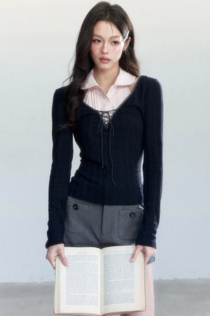 Unfinished Korean Decorative Collar Blouse