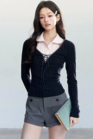 Unfinished Korean Decorative Collar Blouse