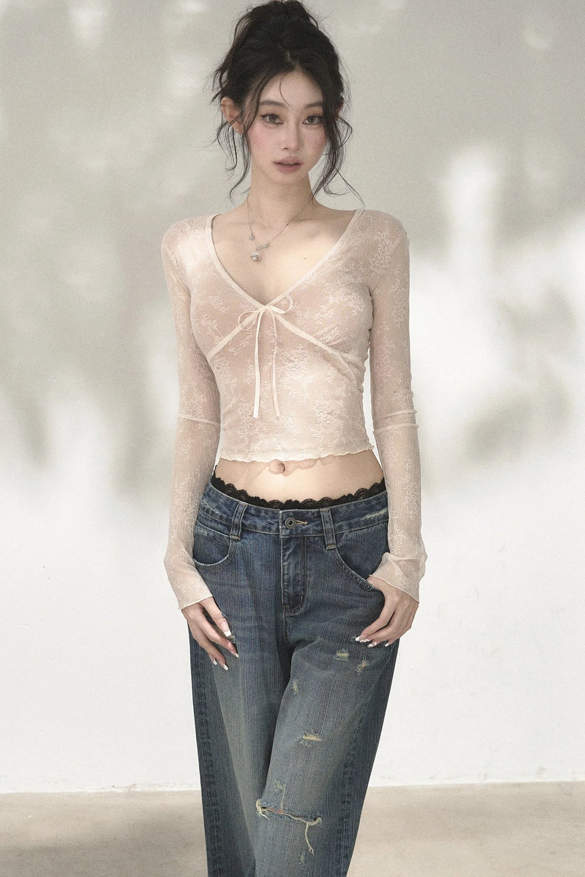 V-Neck Bow Tie Lace Top