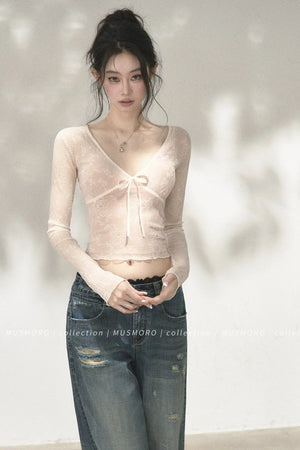 V-Neck Bow Tie Lace Top