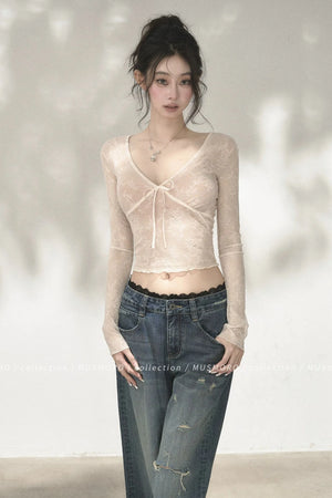 V-Neck Bow Tie Lace Top