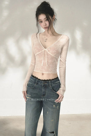 V-Neck Bow Tie Lace Top