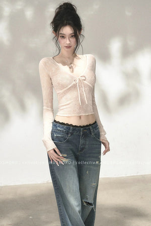 V-Neck Bow Tie Lace Top