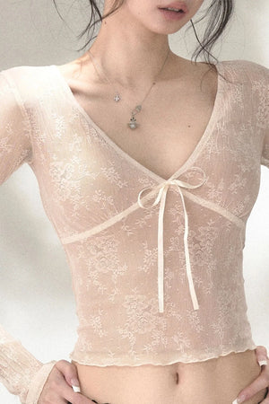 V-Neck Bow Tie Lace Top