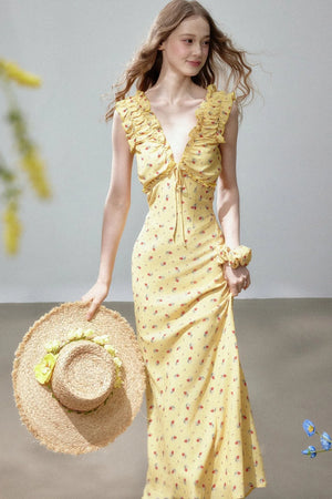 V-Neck Floral Fishtail Dress