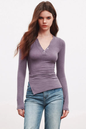 V-Neck High Slit Long Sleeve Slim Top