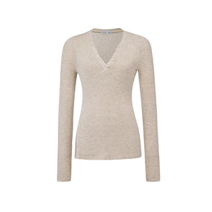 V-Neck High Slit Long Sleeve Slim Top