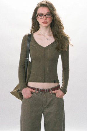 V-Neck Hollow Knit Long Sleeve Top