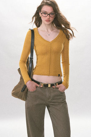 V-Neck Hollow Knit Long Sleeve Top