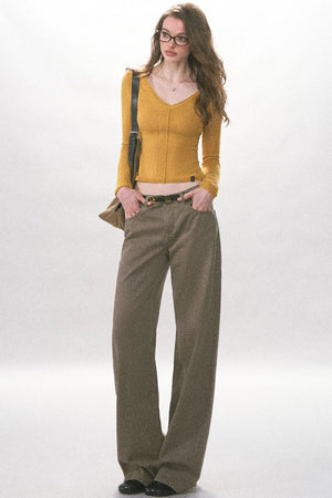 V-Neck Hollow Knit Long Sleeve Top