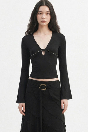 V-Neck Hollow-Out Long-Sleeve Top