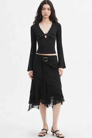 V-Neck Hollow-Out Long-Sleeve Top
