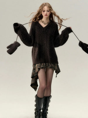 V-neck knit sweater coat set