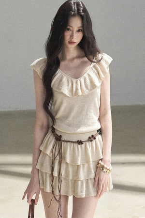 V-Neck Knitted Tiered Dress Set