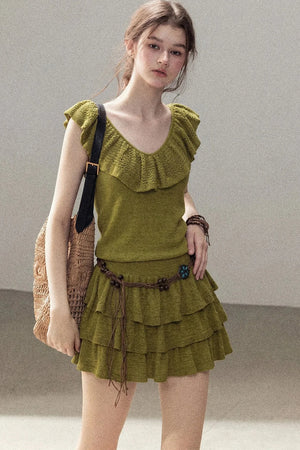 V-Neck Knitted Tiered Dress Set