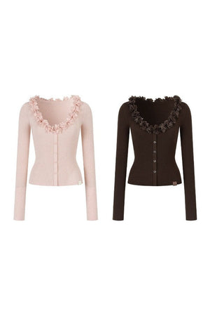 V-Neck Lace Silk Wool Knit Cardigan