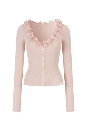 V-Neck Lace Silk Wool Knit Cardigan