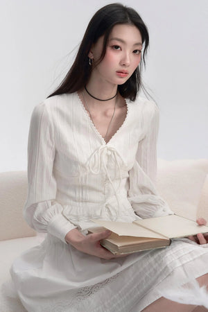V-Neck Lace Tie Blouse Top