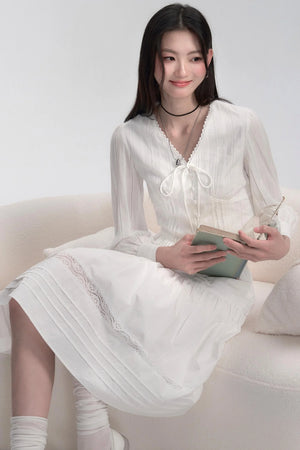 V-Neck Lace Tie Blouse Top