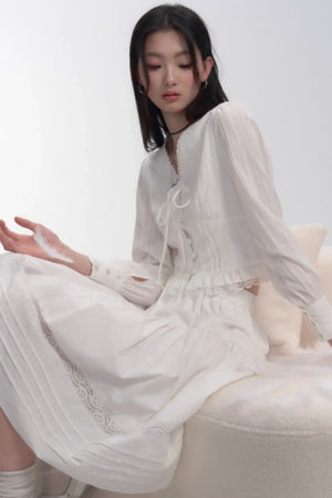 V-Neck Lace Tie Blouse Top