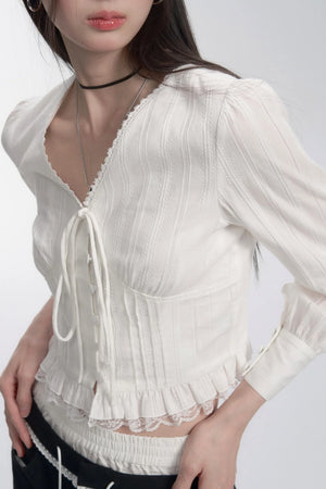 V-Neck Lace Tie Blouse Top