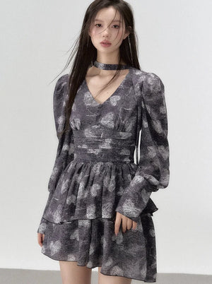 V-neck large floral waist long sleeve dress