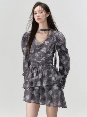 V-neck large floral waist long sleeve dress