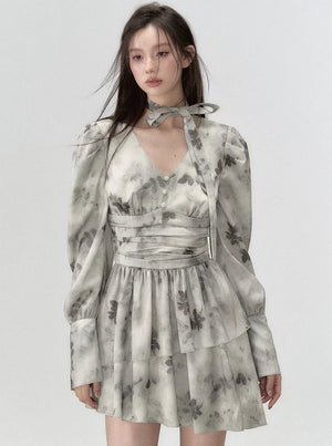 V-neck large floral waist long sleeve dress
