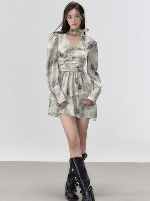 V-neck large floral waist long sleeve dress