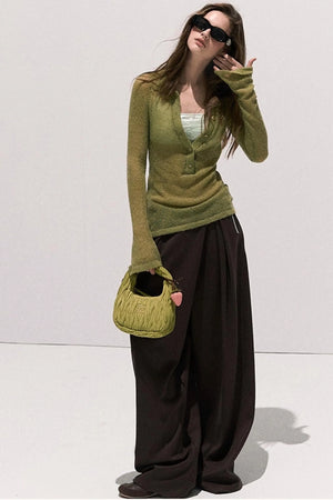 V-Neck Long Sleeve Wool Knit Top