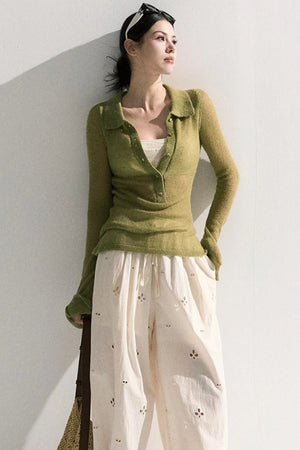 V-Neck Long Sleeve Wool Knit Top