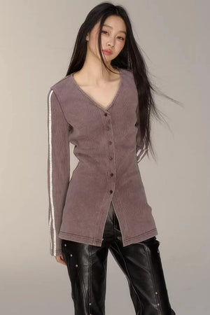 V-Neck Pinstripe Mid-Length Coat Set-Up