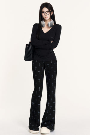 V-Neck Print Long-Sleeved T-Shirt
