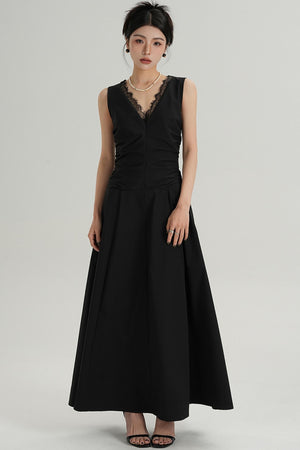 V-Neck Slim Pleated Lace Dress