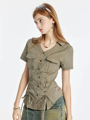 V-Neck Strappy Short Sleeve Shirt
