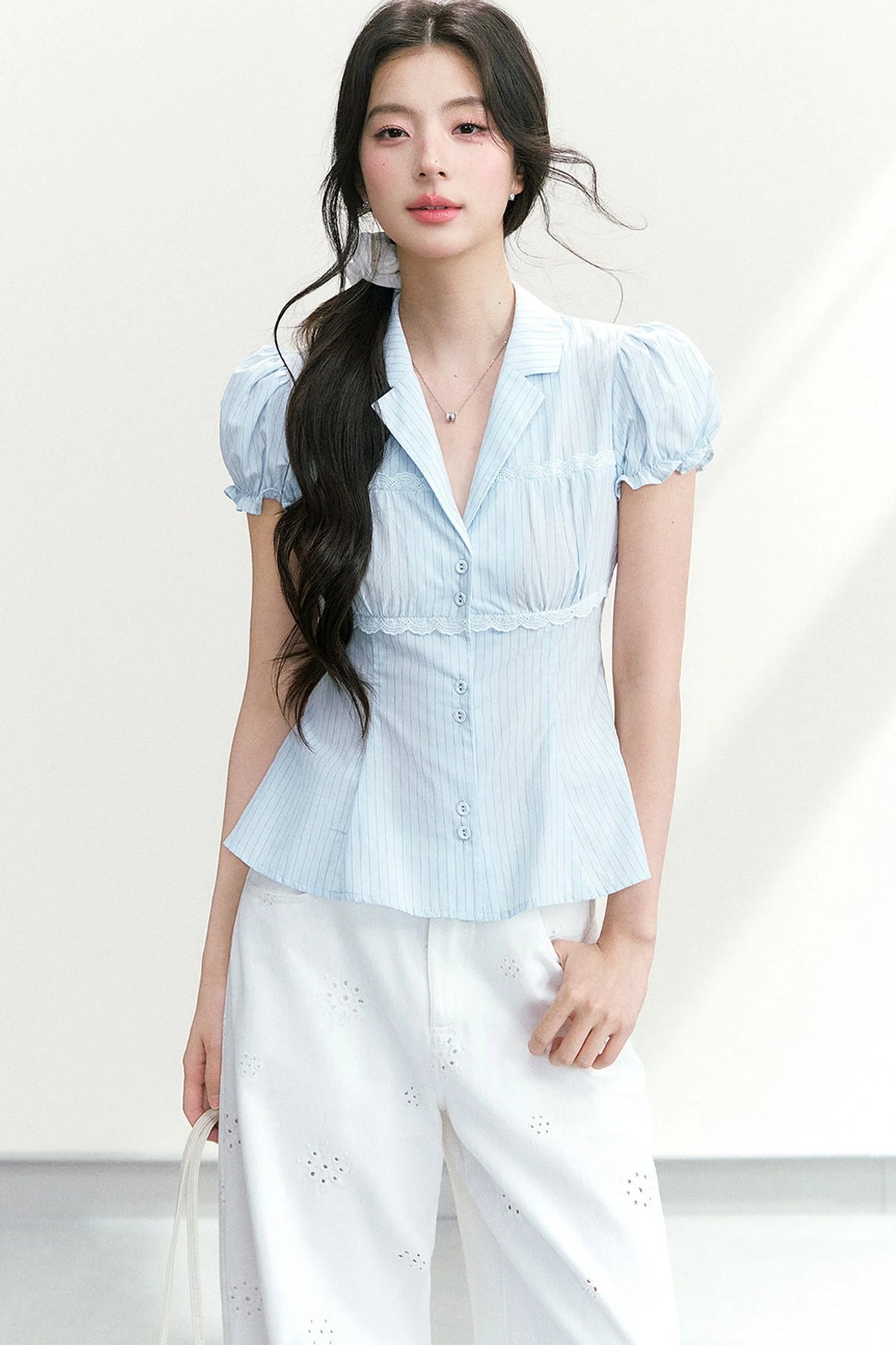 V-Neck Striped Waist-Cinching Short-Sleeved Shirt
