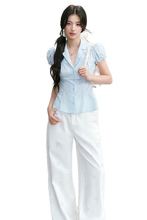 V-Neck Striped Waist-Cinching Short-Sleeved Shirt