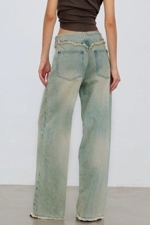 V-Shaped Raw Edge Rivet Denim Pants