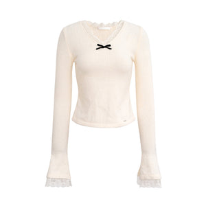 Velvet Bow Lace V-Neck Knit Top