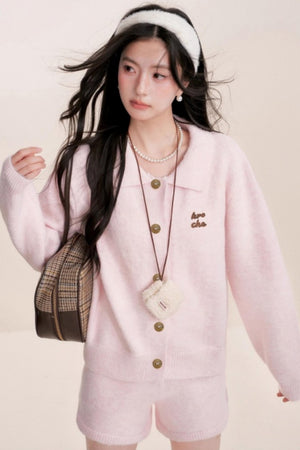 Velvet Contrast Lapel Cardigan Set-Up