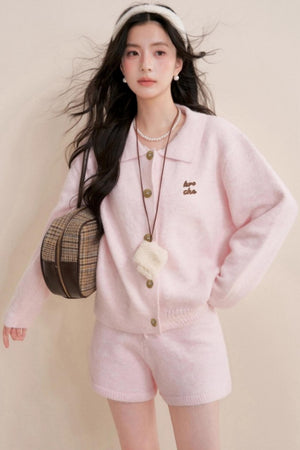 Velvet Contrast Lapel Cardigan Set-Up