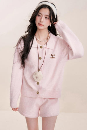 Velvet Contrast Lapel Cardigan Set-Up