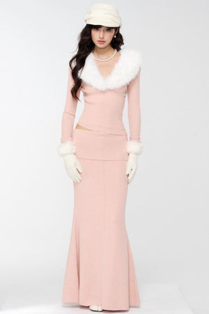 Velvet Peach Knit Sweater Set-Up