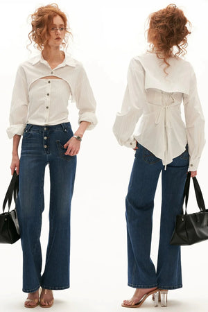 Vertical Stripe Shirt Jacket with Tie Waist Camisole Set