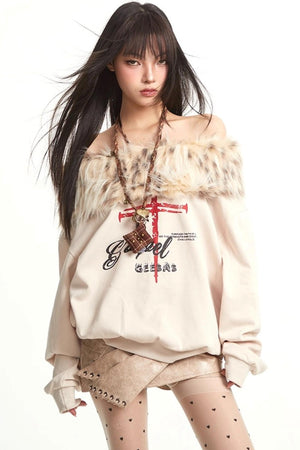 Vintage Apricot One-Shoulder Fur Collar Sweatshirt