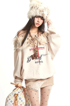 Vintage Apricot One-Shoulder Fur Collar Sweatshirt